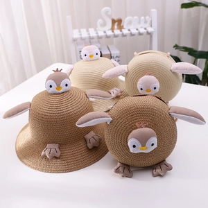 Cute penguin cartoon straw sun hat and matching crossbody bag set for children