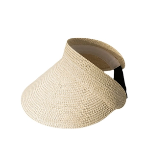 Summer straw sun visor with wide brim and adjustable strap in beige woven style