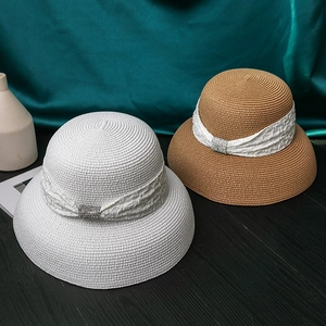 Elegant Hepburn style straw hats in white and brown with rhinestone buckles for women