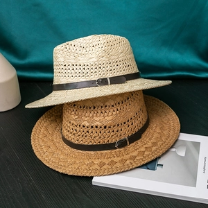 British style straw fedora hats in beige and light coffee with leather buckle bands
