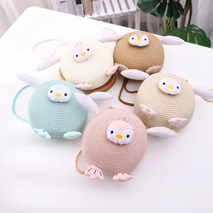 Cute penguin cartoon woven straw bags for kids in multiple colors for beach and travel