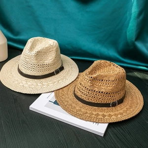 Classic British style straw jazz hat in cream and brown with black leather band detail