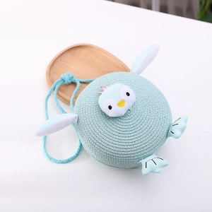 Cute kids penguin straw crossbody bag in mint green with 3D crown and rope strap