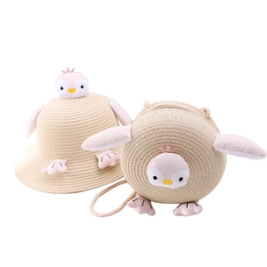 Cute kids penguin straw sun hat and matching crossbody bag set for summer beach travel