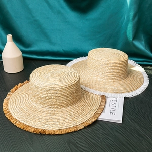 Women's Handwoven Wheat Straw Boater Hat Wide Brim Sun Hat With Fringe Detail Summer Beach Vacation Flat Top Straw Hat