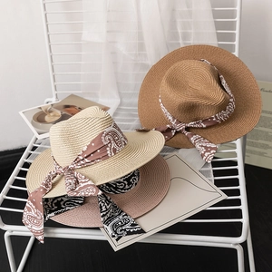 Women Vintage Paper Straw Fedora Hat Paisley Ribbon Bowknot Wide Brim Summer Beach Sun Protection Panama Jazz Straw Hat