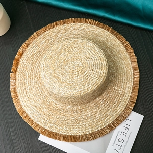Flat top straw boater hat with frayed fringe brim for women's summer sun protection