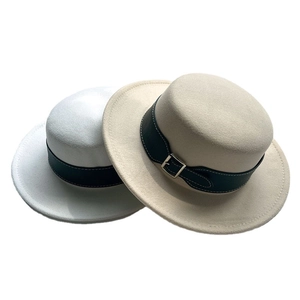 Elegant French wool boater hat in white and beige with black leather belt and silver buckle