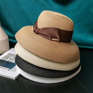 Women French Vintage Wide Brim Paper Straw Hat With Satin Ribbon Bow Sun Protection Summer Beach Vacation Straw Hat