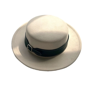 Elegant off-white flat top wool felt boater hat with black leather belt and silver buckle