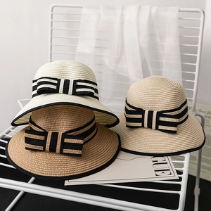Women's Summer Paper Straw Cloche Hat With Striped Bow Ribbon Black Piping Sun Shade Bucket Hat For Beach Vacation