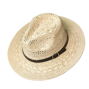 Classic straw fedora hat for men featuring a brown faux leather belt and silver buckle