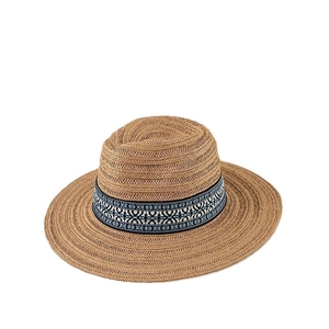 Brown straw fedora with bohemian geometric band shown in a central product view