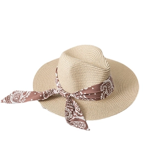 Classic straw sun hat with brown paisley ribbon and side bow detail for women