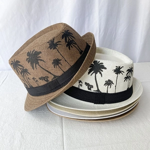 Unisex summer straw fedora hat with palm tree ribbon for beach sun protection