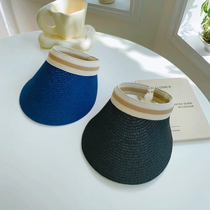 Detailed close-up of blue and black straw sun visors with striped elastic bands