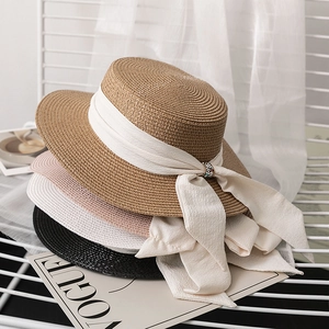 Elegant Women Flat Top Boater Straw Hat Summer Sun Protection Beach Hat With Chiffon Ribbon Streamer Rhinestone Decoration