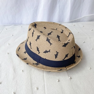 Kids breathable straw fedora hat in light brown with navy band and shark silhouette prints
