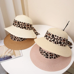 Leopard Print Bow Ribbon Straw Hat For Women Large Brim Sunshade Beach Sun Hat Summer Round Top Fashion Paper Straw Vacation Hat