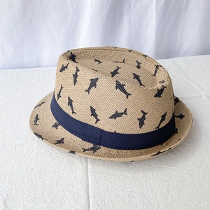 Breathable straw fedora for kids with shark print and navy blue decorative ribbon