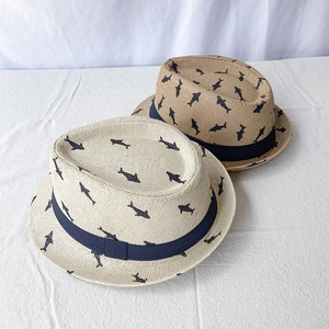 Breathable straw trilby hats for kids featuring shark prints in beige and khaki colors