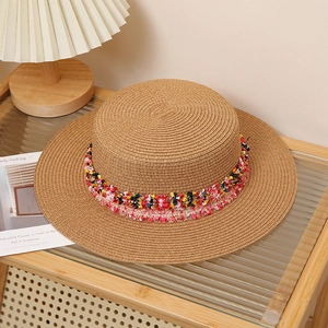 Bohemian women flat top straw hat with colorful fringe ribbon band for summer beach