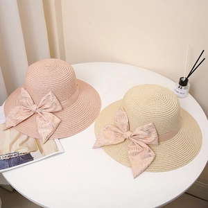 Korean Style Paper Straw Sun Hat With Large Gold Striped Ribbon Bow Wide Brim Summer Beach Vacation Hat For Women