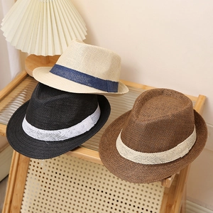 Classic trio of woven straw fedora hats in beige, black, and brown for sun protection