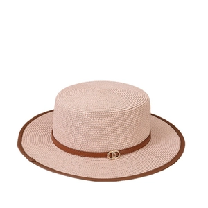 Chapeau de paille rose à toit plat pour femme avec bande en cuir et anneaux dorés