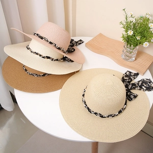 Women Wide Brim Straw Hat Paper Woven Sun Protection Summer Beach Floral Ribbon Bow Artificial Pearl Decor Elegant