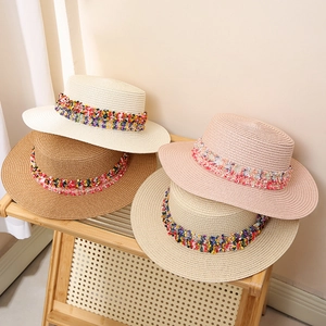 Women's Bohemian Flat Top Straw Hat With Colorful Patchwork Ribbon Breathable Summer Beach Sun Hat Short Brim Boater Hat
