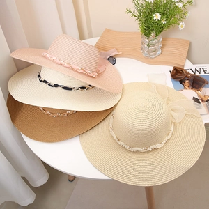 Eleganter Damen Strohhut Aus Papier Mit Künstliche Perlen Organzaschleife Breiter Rand Atmungsaktiv Sommer Strand Urlaub Hut
