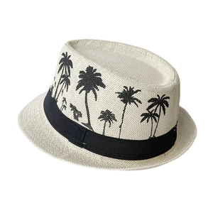 Classic cream straw fedora hat with black coconut tree embroidery for summer beach travel