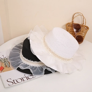 Flat top straw sun hat with organza brim and pearl strap for beach vacation