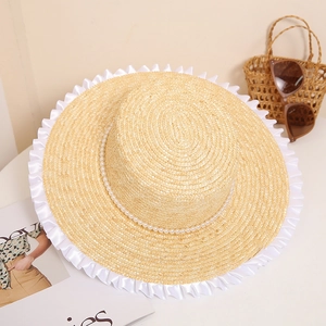 Women Flat Top Wheat Straw Hat Artificial Pearl Chain Pleated Lace Brim Summer Beach Breathable Sunshade Vacation Elegance Sun Hat
