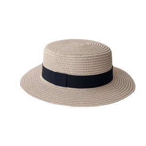 Classic summer flat top straw boater hat with black ribbon for beach sun protection