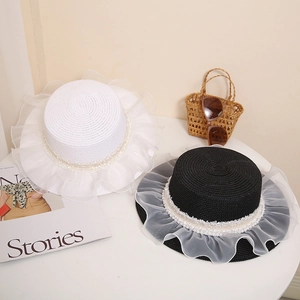 Women Straw Boater Hat With Organza Ruffle Artificial Pearl Lace Trim Sun Protection Beach Holiday Hepburn Style Elegant