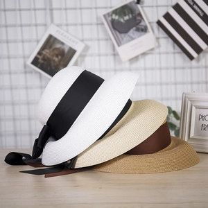 Elegant wide brim straw sun hats with black ribbon bow in white beige and brown tones