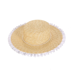 Handcrafted straw sun hat with white lace trim and elegant pearl band decoration