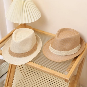 Set of two unisex straw fedora hats in beige and light brown for sun protection