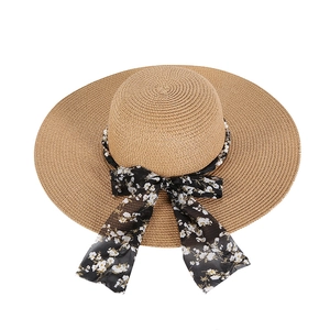 Summer wide brim straw sun hat for women with floral chiffon ribbon and pearl accents