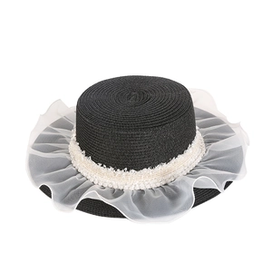 Elegant black flat-top straw hat for women with pearl trim and white organza veil brim