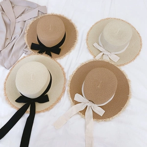 French Style Women Paper Straw Boater Hat Flat Top Wide Brim Frayed Edge With Ribbon Bow Summer Beach Sunshade Vacation Hat