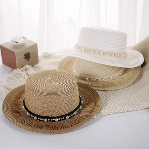 Cappello Di Paglia Donna Tesa Larga Frange Protezione Solare Spiaggia Estate Elegante Decoro Künstliche Perle Stile Francese Accessorio