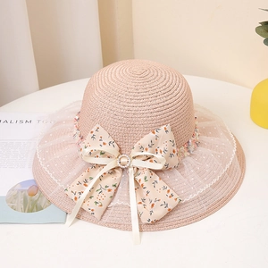 Chapeau de Paille Style Lolita pour Femmes Nœud Floral Dentelle Large Bord Protection Solaire Plage Été Avec Strass
