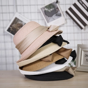 Elegant Women Paper Straw Bucket Hat With Satin Bow Summer Sun Protection Foldable Beach Hat Vacation Sunshade Straw Hat