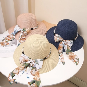 Chapeau De Paille Femme Bob Avec Ruban Floral Noeud Et Künstliche Perles Artificielles Large Bord Protection Solaire Plage Été