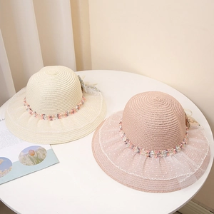 Chapeaux de paille Lolita avec dentelle à pois et nœud en tulle, styles crème et rose