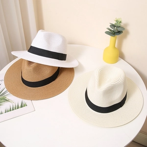 Breite Krempe Papierstroh Fedora Hut Für Damen Herren Sommer Sonnenschutz Strandhut Mit Bandbesatz Britischer Stil Panama Hut