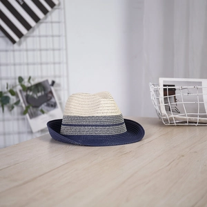Mens two-tone straw fedora hat with cream crown and navy blue brim for summer